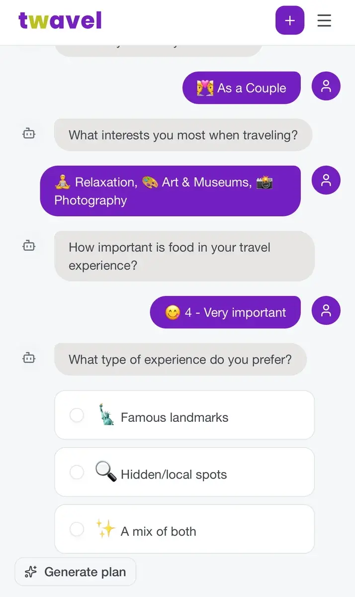 AI chat interface asking about travel preferences and interests