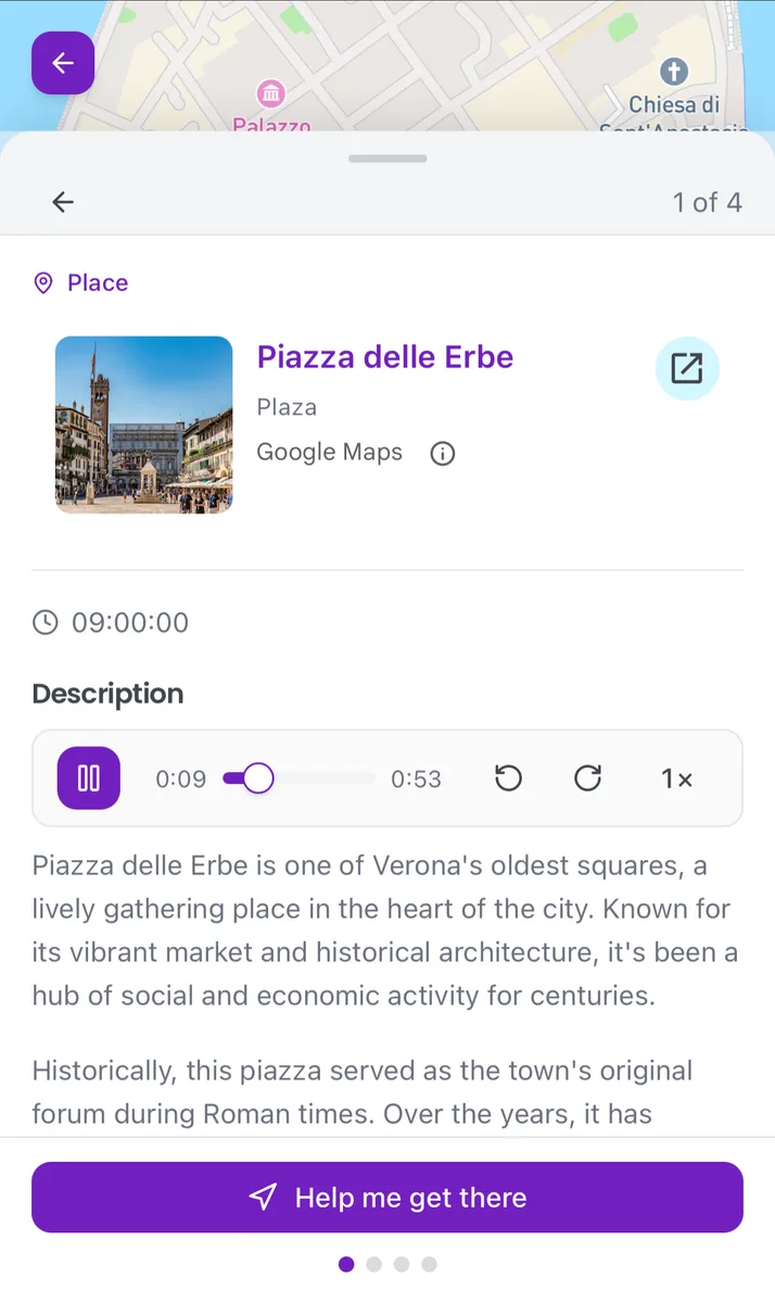 Place detail for Piazza delle Erbe with an audio player narrating its description