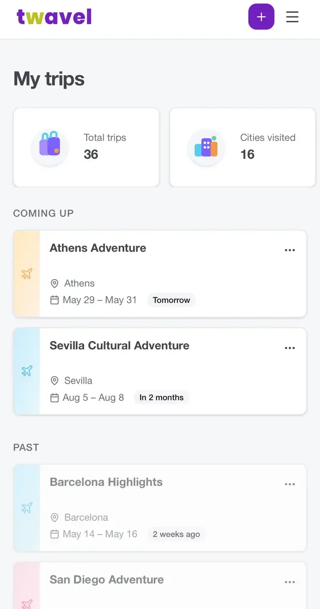 My Trips dashboard showing trip list with stats — 36 trips, 16 cities