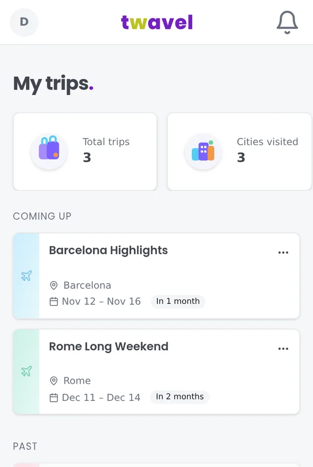 Twavel my trips, trip list with stats