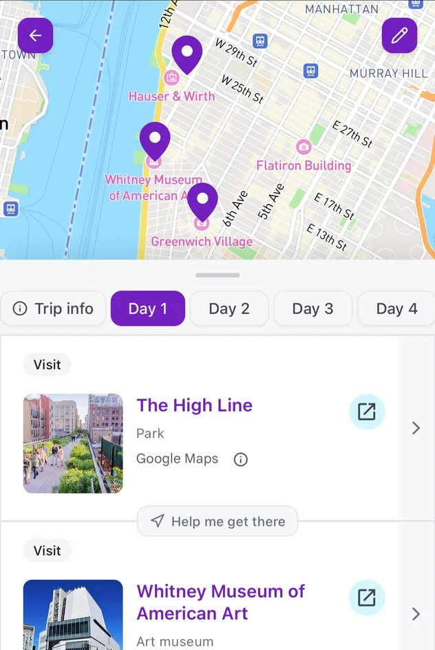 Twavel trip view, map with day-by-day itinerary
