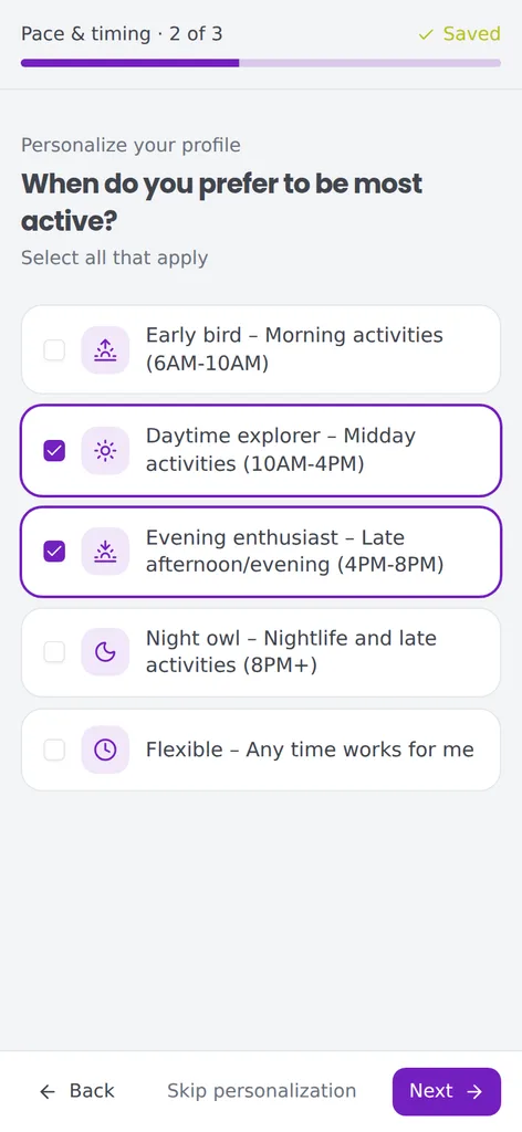Twavel personalization, choose your travel interests